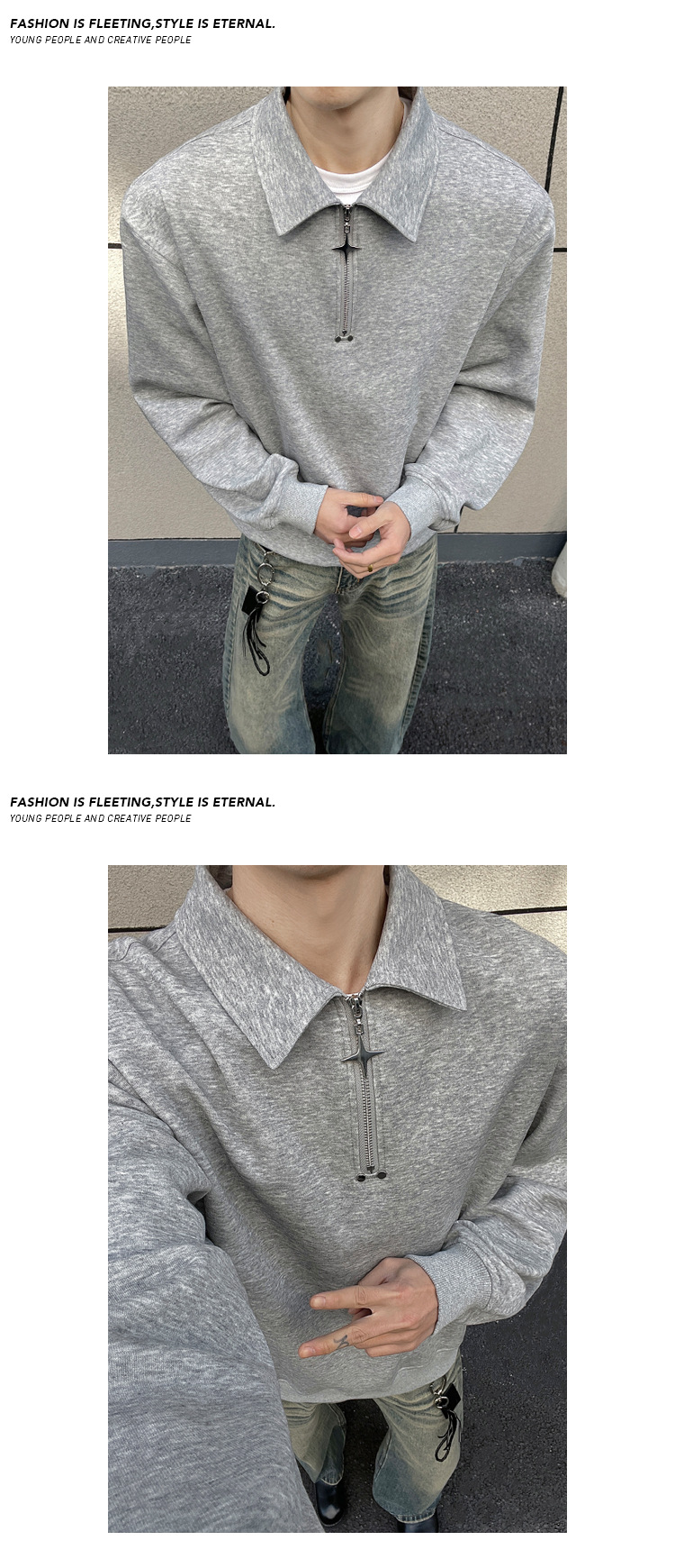 Felpa a collo alto a maniche lunghe con mezza zip in cotone cinese pesante da 300 g per uomo e donna, vestibilità ampia, versatile,_voghion.com