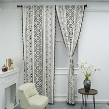 波西米亞民族美式黑白幾何印花棉麻廚房窗簾跨境窗簾成品廠家直供