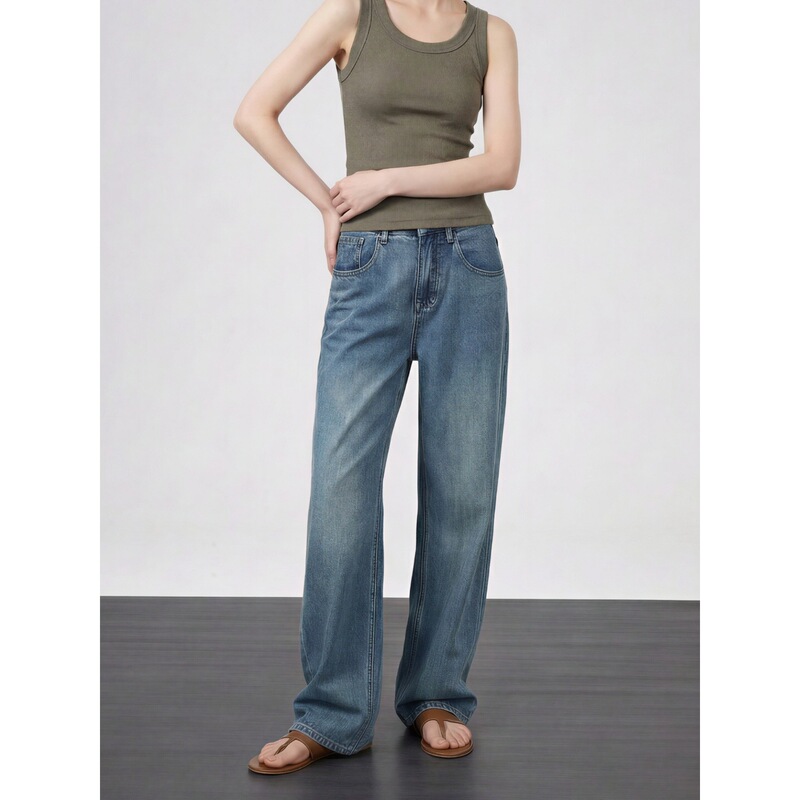 Special Offer: [Pear-Shaped Body Friendly Must-Have Item] Vintage Blue Straight-Leg Jeans for Women, Wide-Leg Slimming Floor-Length for Spring and Summer
