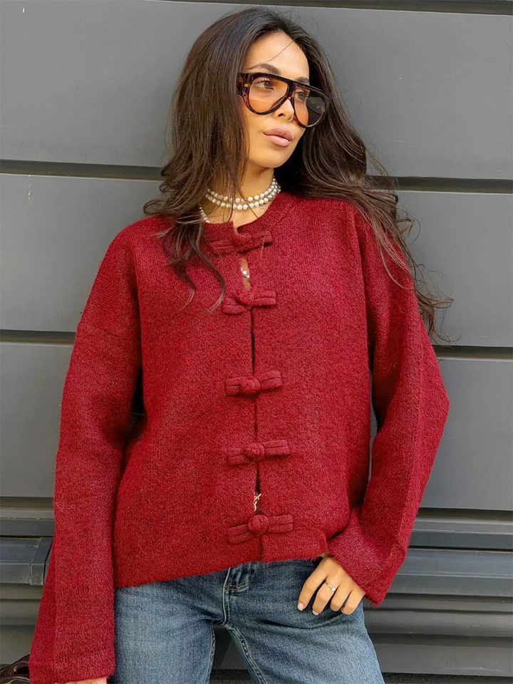 Áo cardigan len dài tay cổ tròn màu trơn cài khuy, form rộng — Màu tím, Xanh nhạt, Xanh quân đội, Xanh rêu đậm chi tiết 13