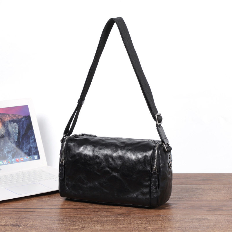 Túi đeo chéo nam da bò thật vân vân tay, túi đeo vai nhỏ gọn 29×11×17 cm — Màu đen