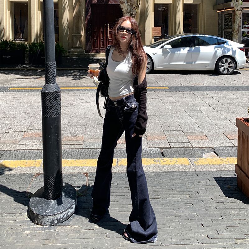 American-Style Dark Blue Flared Jeans for Women, 2026 Spring New Low-Waist Slim-Fit Flared Floor-Length Pants
