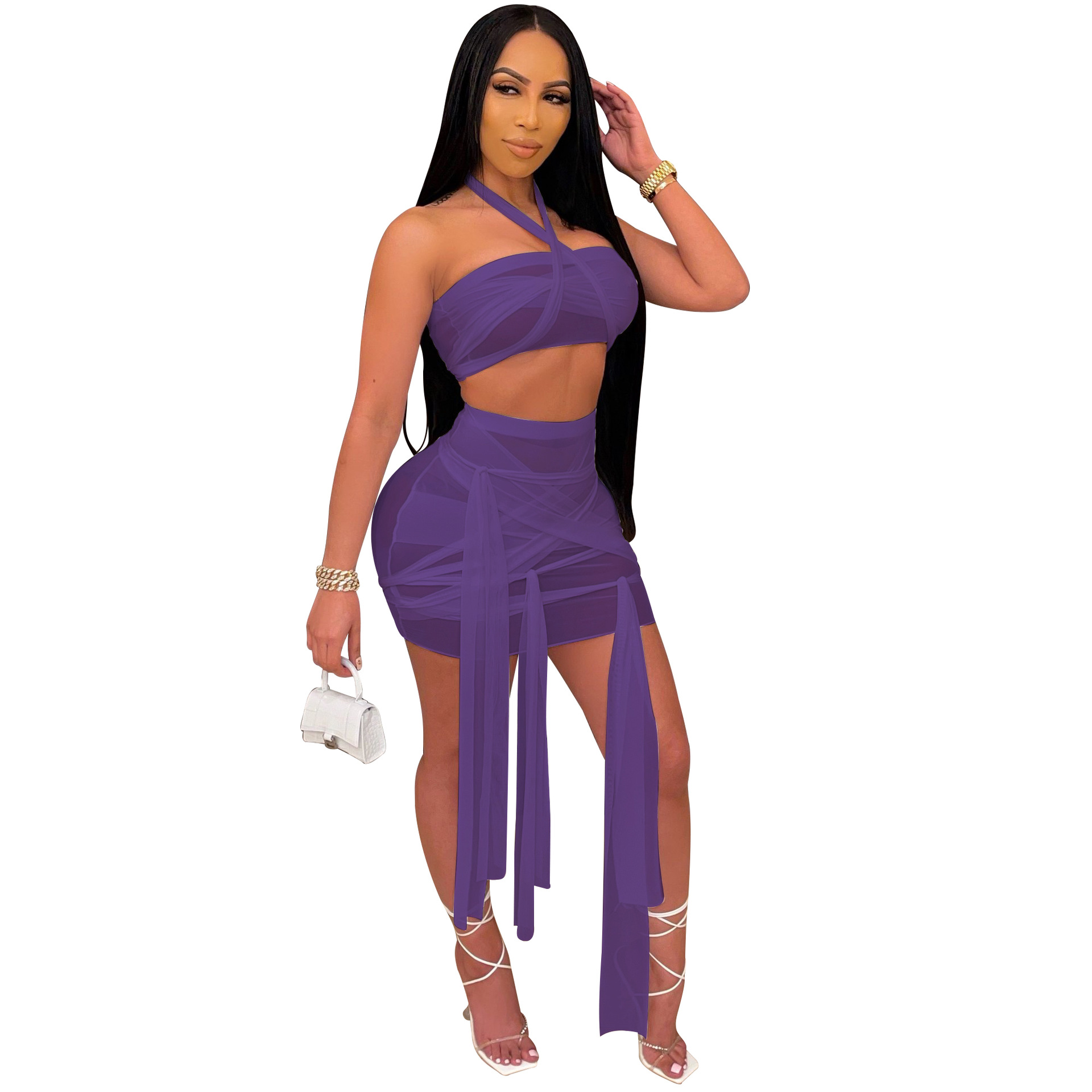 See-Through Mesh Halterneck Vest & Bandage Skirt 2 Piece Set NSMYF99315