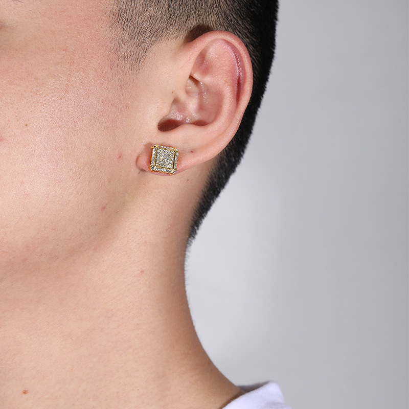 Hip hop personality fashion square full diamond for men's niche minimalist style earrings and accessories_voghion.com