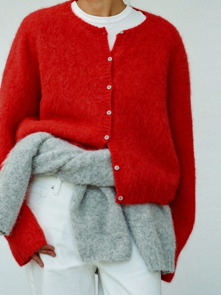 Áo khoác cardigan len nữ dáng rộng một hàng cúc, chất liệu dệt kim mềm mại, phong cách thanh lịch — Màu hồng nhạt (hàng có sẵn), Màu xanh lá cây (có hàng), Màu xanh ô liu (đốm), Màu xanh đậm (Còn hàng) chi tiết 20