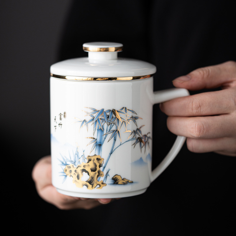 羊脂玉瓷办公杯德化白瓷水杯带盖过滤茶水分离商务伴手礼定制logo