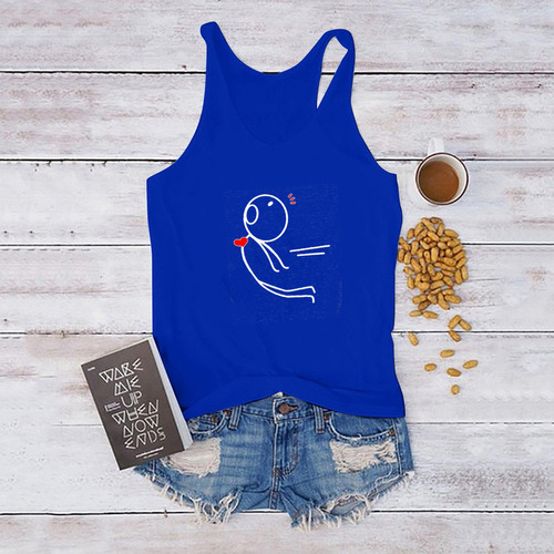 Valentine's Day women's summer cotton wide waist V-neck top with simple line drawing character heart loose sleeveless base top