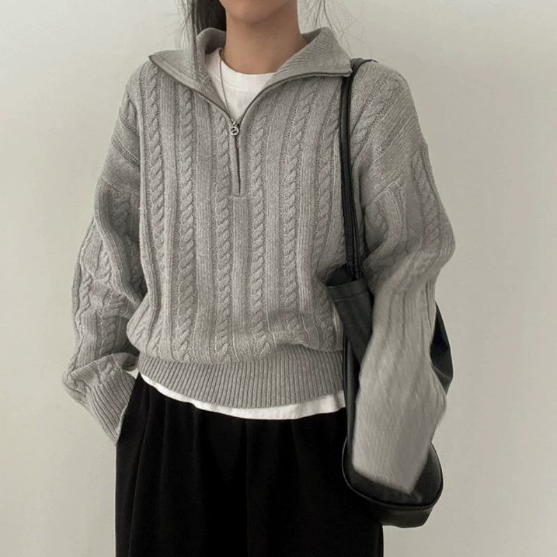 Кофточка на молнии из вязки, женский корейский стиль, ретро витая вязь, one size