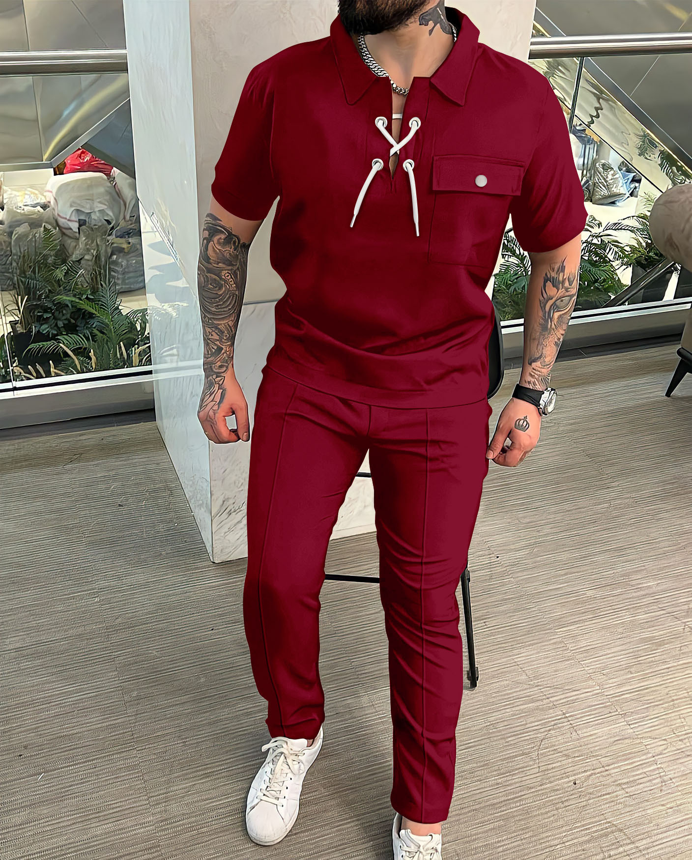 Otoño Amazon AliExpress europeo y americano transfronterizo hombres camisa casual manga corta Camiseta + Pantalones hip hop traje de personalidad