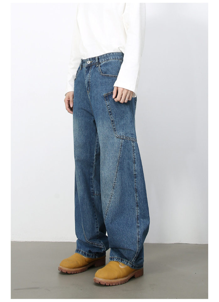 Quần jean nam ống rộng phong cách đường phố retro, nhiều túi hộp, dáng lỏng lẻo — Denim đen, Trắng, màu hồng, màu xanh chi tiết 36