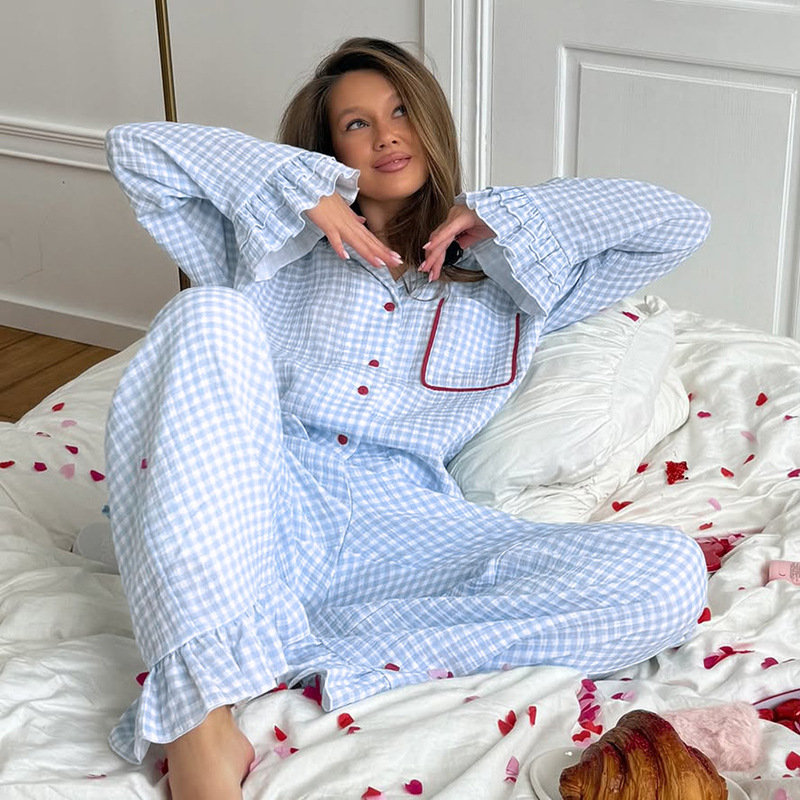 European and American autumn and winter pure cotton pajamas, long-sleeved and long-pants, ruffled two-piece set, loose and comfortable cotton silk home wear for women, wholesale