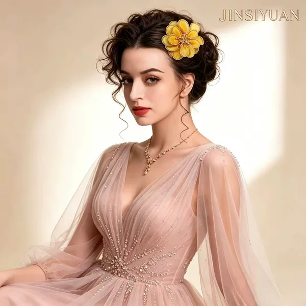 Handmade mesh fabric flower hairpin, multi-color embroidered beaded flower hair accessory, suitable for formal dresses and banquet updos