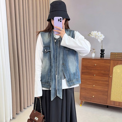 子元2025秋季新款大码女装胖妹妹休闲设计感飘带牛仔马甲YC295