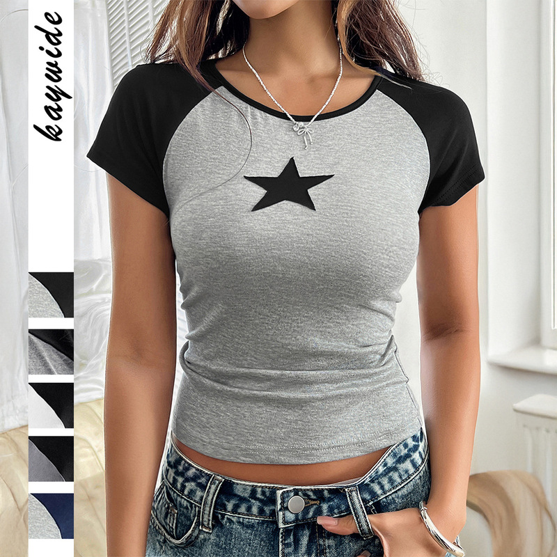 Cross-Border European and American Y2K Sexy Hot Girl Style Five-Pointed Star Color-Blocked Short-Sleeved T-Shirt 2026 Summer Amazon Short Women's Clothing