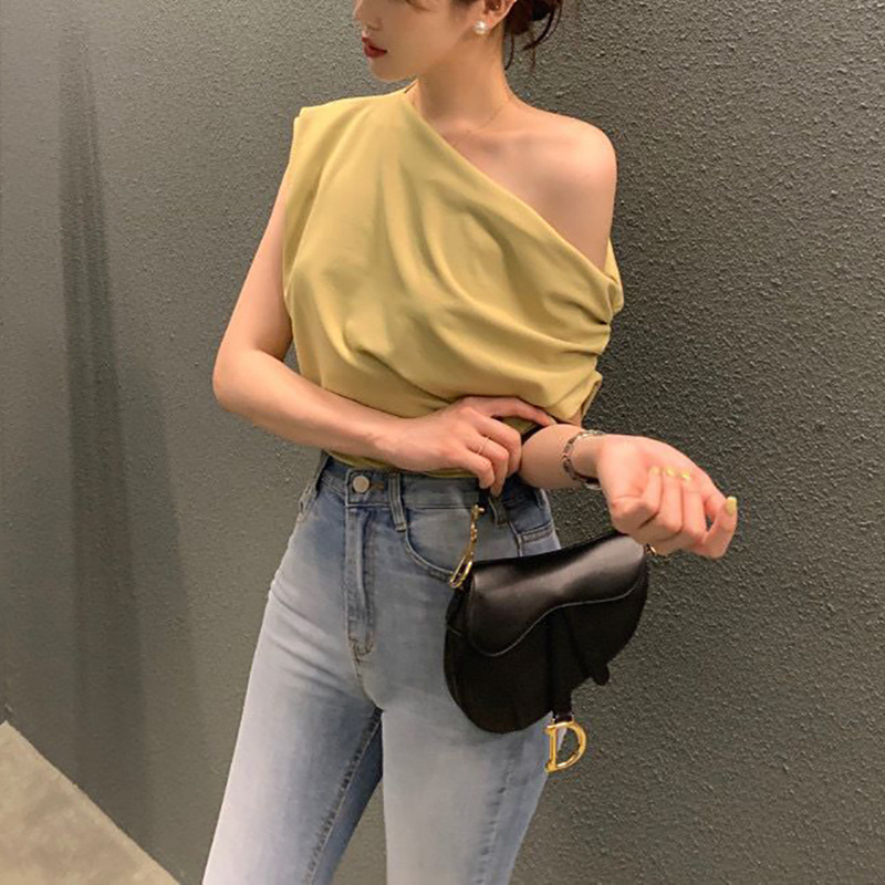 Summer New Niche Irregular Slanted Shoulder Design Loose Solid Color Pullover Short-sleeved T-shirt_ecoleips.com