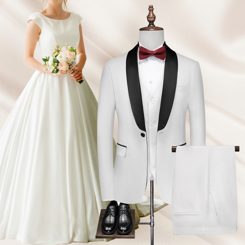 Herrenbekleidung Anzug des Bräutigams und des Trauzeugen dreiteiliger Anzug mit weißem, grünem Obstkragen und Pistolenrevers, Hochzeitskleid, Geschäft für Fotografie, Herrenkleid_voghion.com