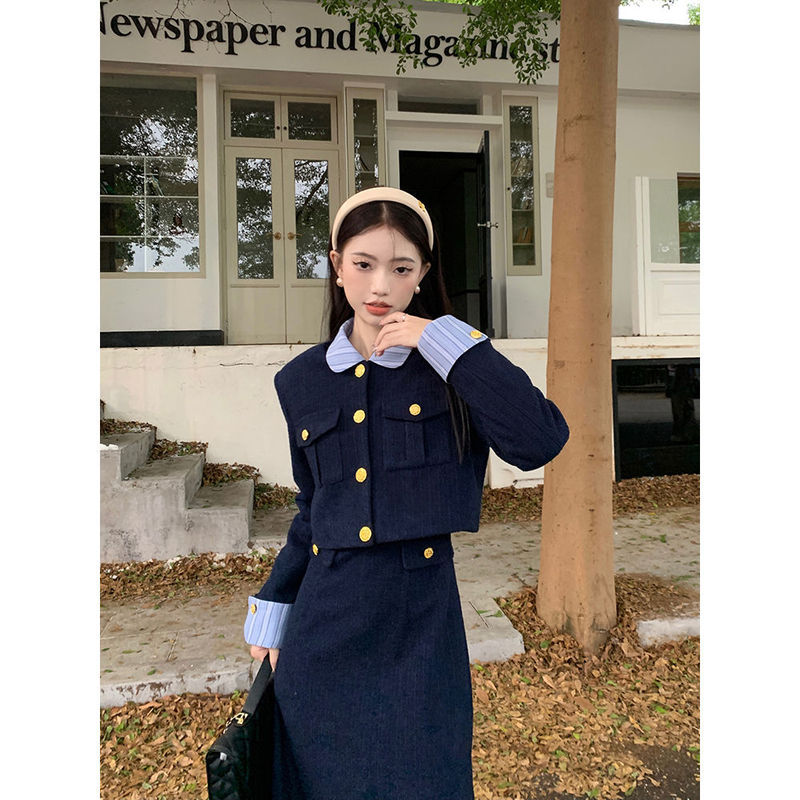 法式小香风长袖外套条纹拼接连衣裙女秋冬2025新款时尚两件套|undefined