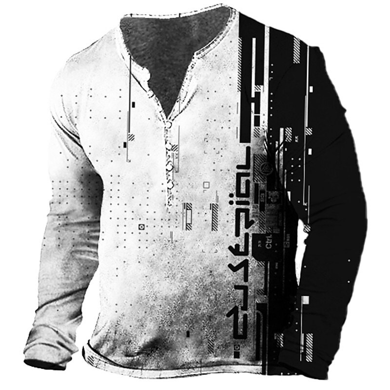 2022 retro hombres 3D digital placket abierto de siete botones Camiseta de manga larga de los hombres de guitarra patrón transfronterizo estación independiente