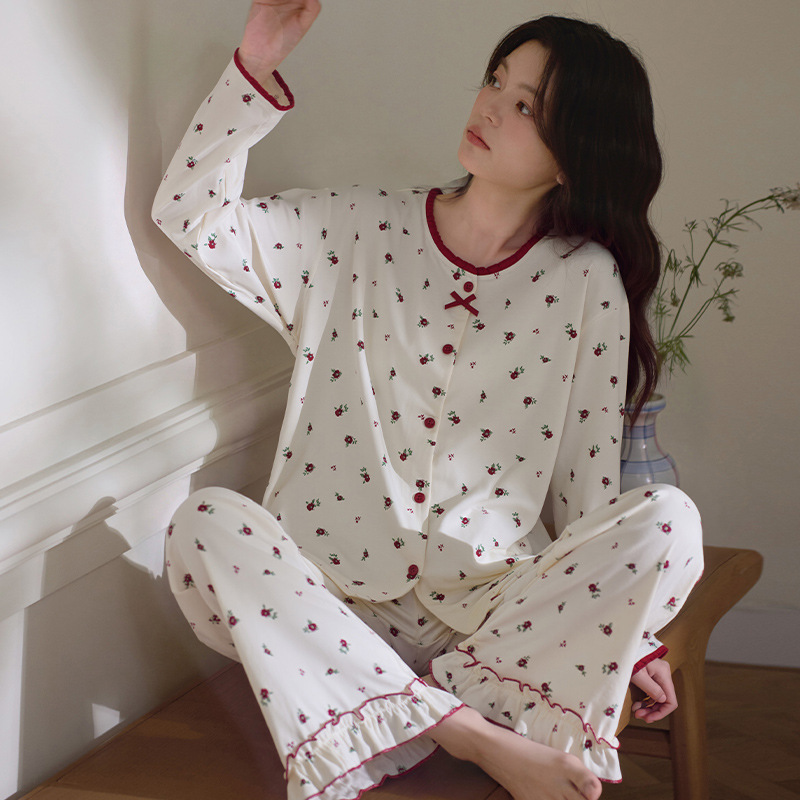 Pure cotton comfortable home pajamas for women, spring and autumn long-sleeve cardigan, stylish and unique home wear set Pure cotton comfortable home pajamas for women, spring and autumn long-sleeve cardigan, stylish and unique home wear set