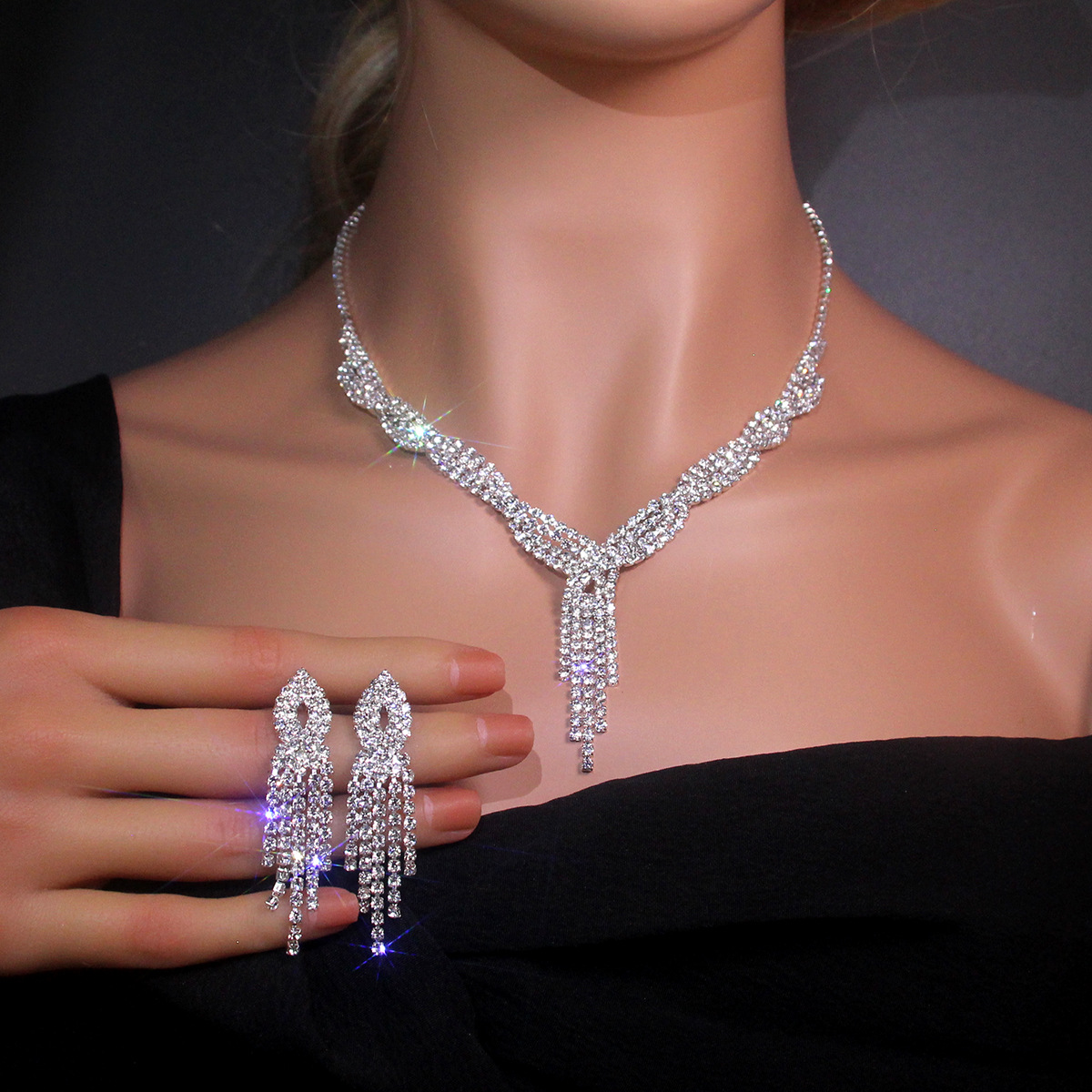 Moda collar nupcial joyería traje rhinestone borla collar pendientes 2 piezas conjunto de accesorios de banquete de boda de las mujeres