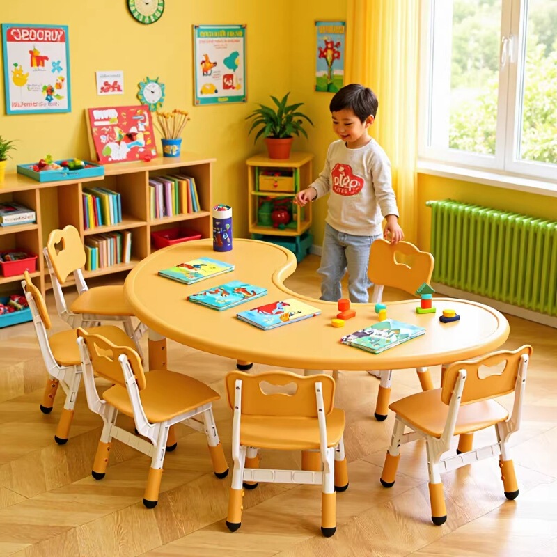 Kindergarten Desk and Chair Set Wholesale Children's Plastic Moon Table Multi-Person Combinable Adjustable Table and Chairs Cross-Border Kindergarten Desk and Chair Set Wholesale Children's Plastic Moon Table Multi-Person Combinable Adjustable Table and Chairs Cross-Border