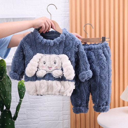 0-5 years old children's pajamas two-piece set winter cute girls thickened flannel warm cotton jacket home clothes set