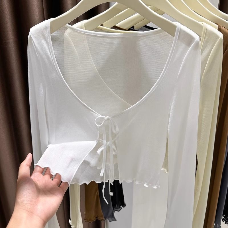 アイスシルクメッシュショール日焼け防止服女性のための春と夏のデザインレースアップカーディガン薄いブラウストップ|undefined