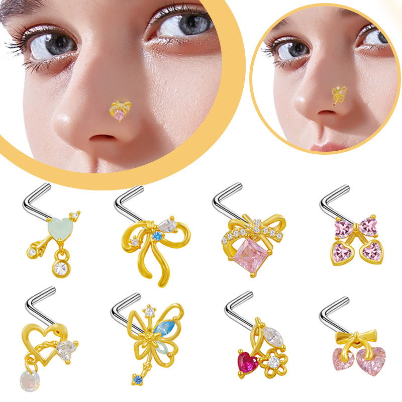 L-shaped Nose Stud With Bowknot Design European Style Jewellery_voghion.com