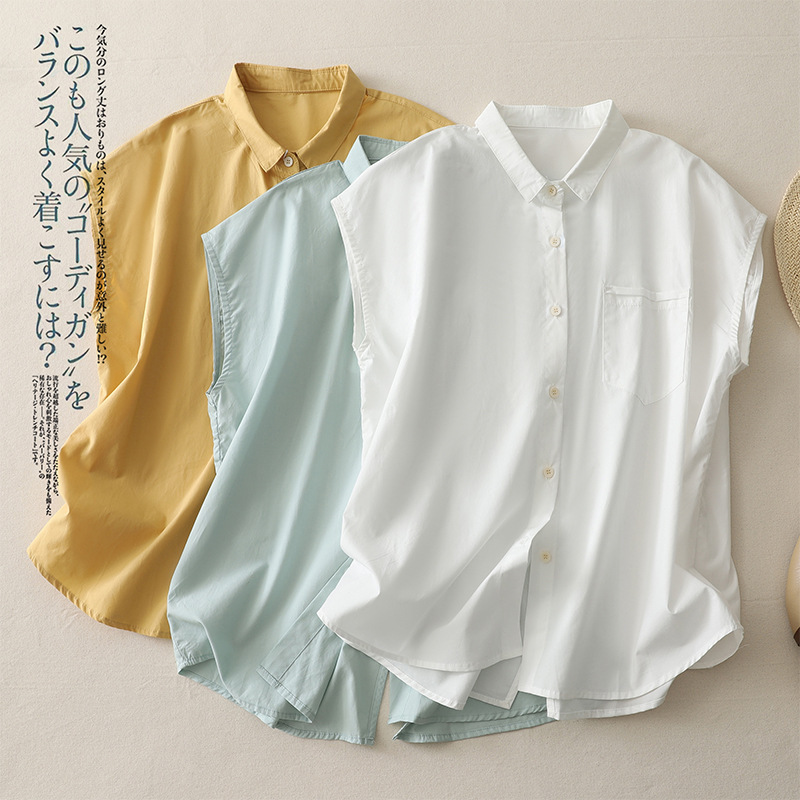 Real Shot of 2025 New Style Cotton-Linen Shirt with Stylish Lapel, Small Flutter Sleeves, Pockets, and Back Slit Design