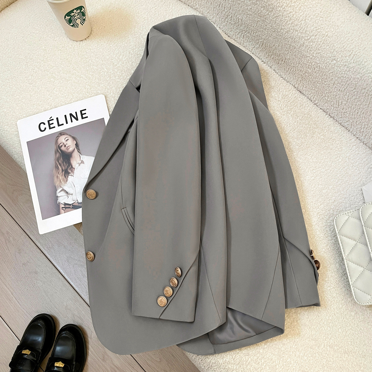グレーの女性用スーツジャケット、高級感のある2026年春秋新作、韓国風、女神のような気質、高級カジュアルスーツジャケット