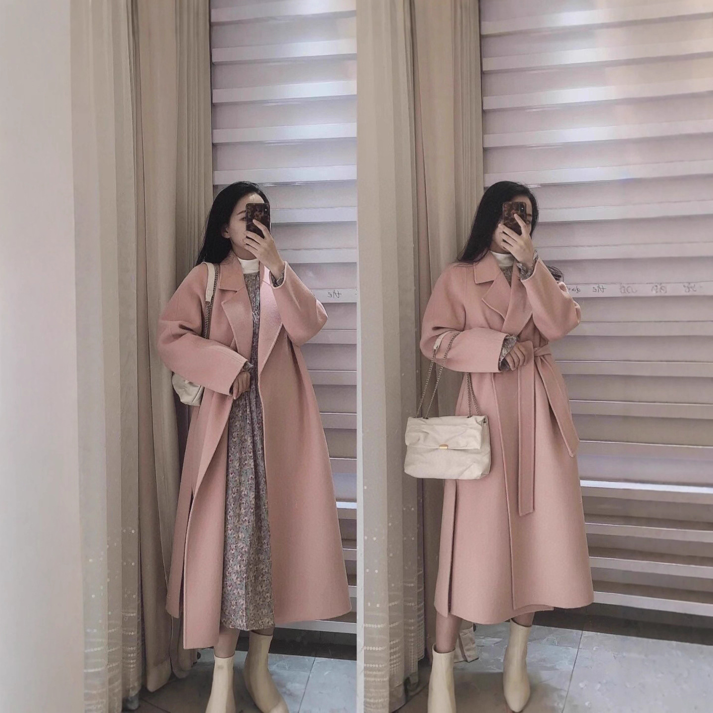 Spot Double-Sided Cashmere Outwear Women's Mid-Length Woolen Outwear 2025 Winter New Style Pink Gentle Style