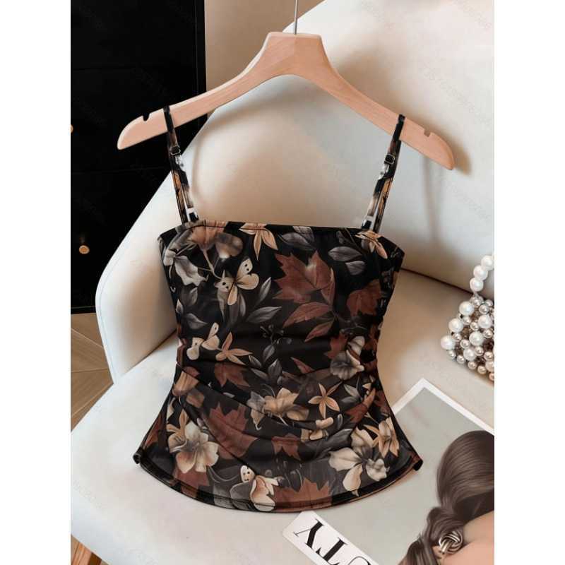 Women's New Summer Fashion Versatile and Elegant Mesh Floral Print Pleated Design Camisole