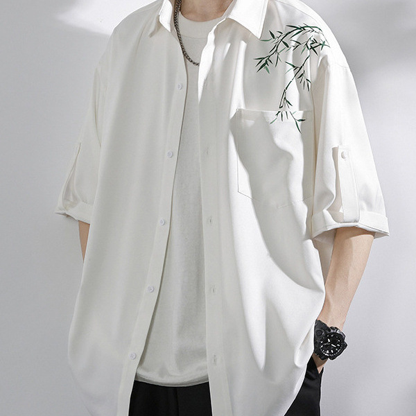 Chinese Style Short-Sleeved White Shirt for Men, New Chinese Style, National Trend, Ice Silk Quick-Drying Jacket, 7/8 Sleeve Shirt for Summer