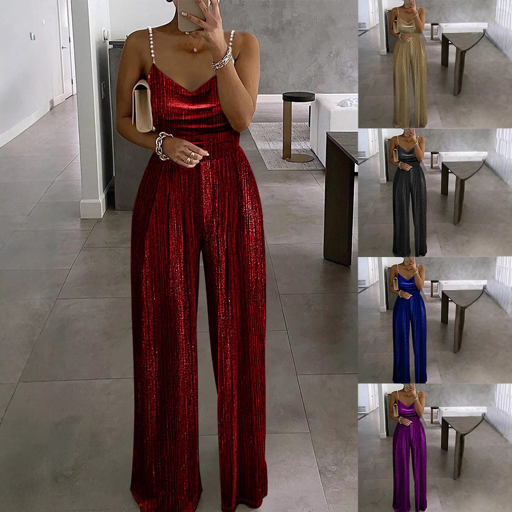 2025 Spring and Summer New Cross-Border European and American Clothing Wish Wide-Leg Pants Waist Dress Elegant Suspender Bead Jumpsuit