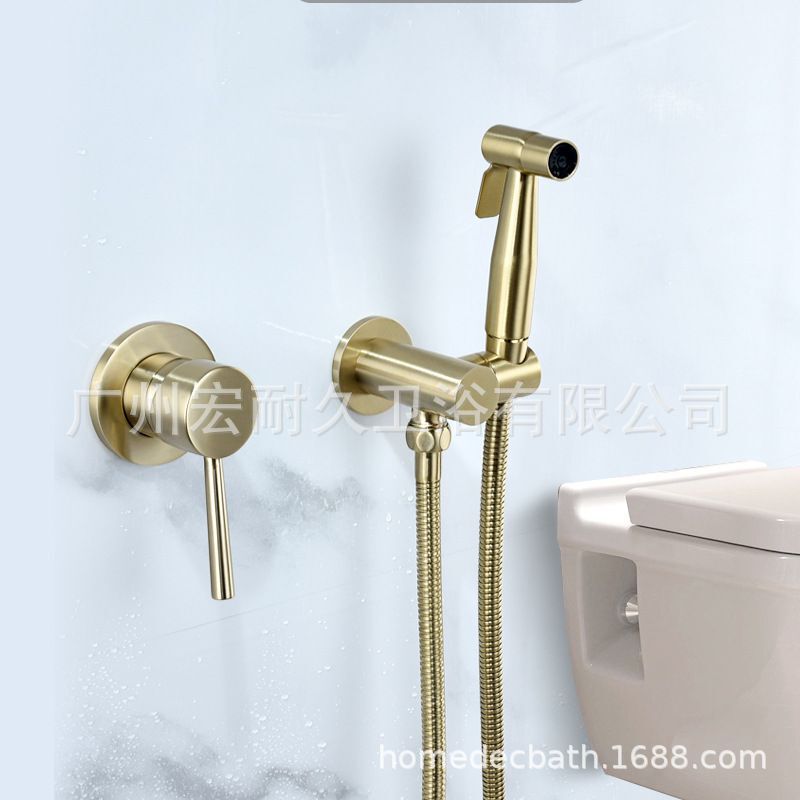 Brushed Gold Round Sprayer Douche Kit Hot and Cold Faucet Mixer Valve Toilet Bidet Set