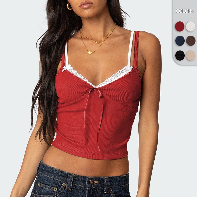 Sweet and Spicy Girl Lace Trim Patchwork Low-Cut Color-Block Double Shoulder Strap Faux Two-Piece Bow-Decorated Inner Camisole Sweet and Spicy Girl Lace Trim Patchwork Low-Cut Color-Block Double Shoulder Strap Faux Two-Piece Bow-Decorated Inner Camisole