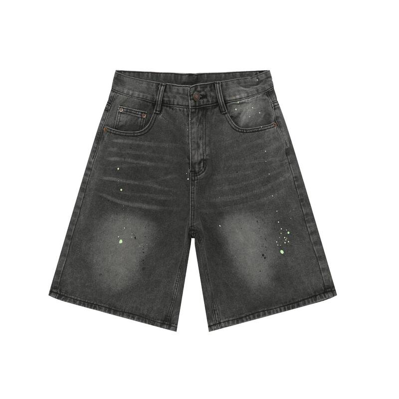 Quần short denim nam ống rộng lửng trên gối, họa tiết vệt sơn mực kiểu đường phố — Xanh lam nhạt, Đen xám