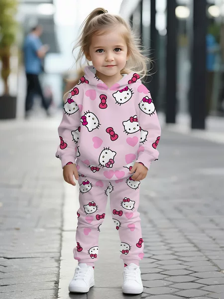 Sanrio 2-Piece Set of Girls' Clothing |   Hello Kitty Trendy Digital Print Long Sleeve Sweatshirt + Sweatpants, Autumn and Winter