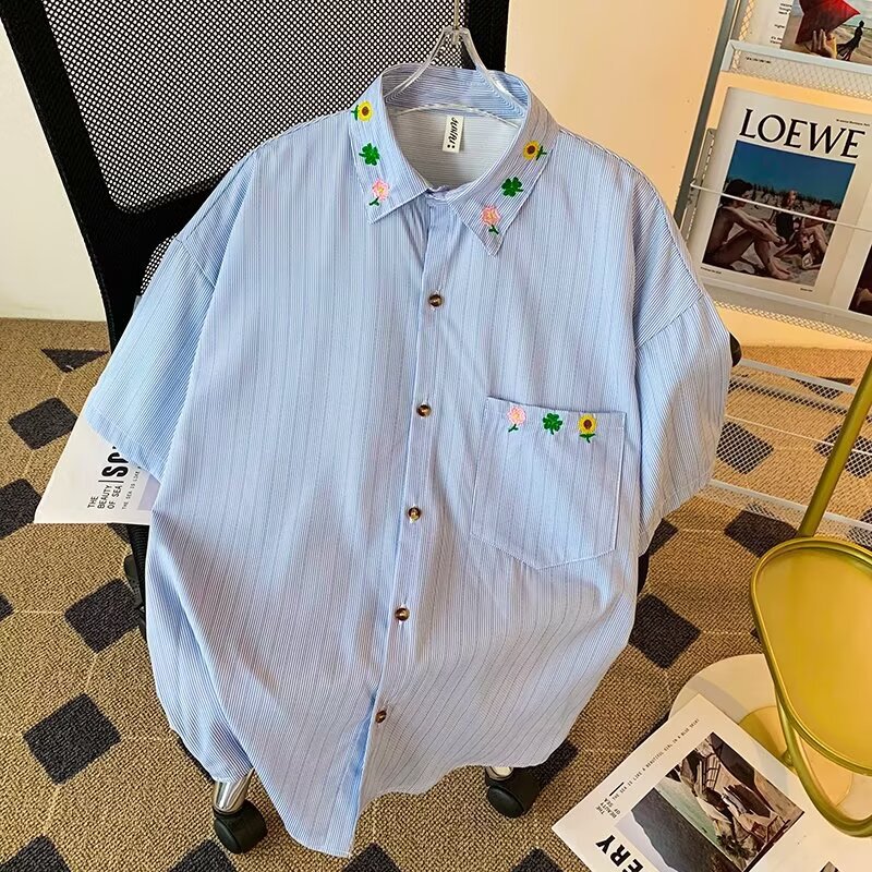 Men's Summer Floral Embroidery Striped Shirt, Hong Kong Style Retro Loose Casual Drapey Versatile Short Sleeve Shirt for Couples Men's Summer Floral Embroidery Striped Shirt, Hong Kong Style Retro Loose Casual Drapey Versatile Short Sleeve Shirt for Couples