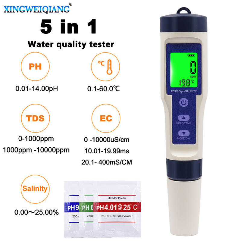 5合1咸度计防水盐度计水族馆海水检测仪数显带背光水质测试分析仪