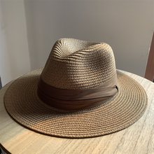 法式复古浅咖啡草编帽女夏季防晒度假草帽英伦礼帽海边沙滩遮阳帽