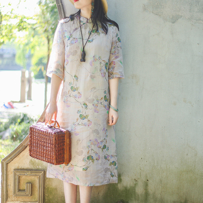 Clearance Brand Discount Mall Clearance Women's Daily Chinese Style Cheongsam Dress Women's Summer Asymmetrical Artistic Cotton and Linen Dress