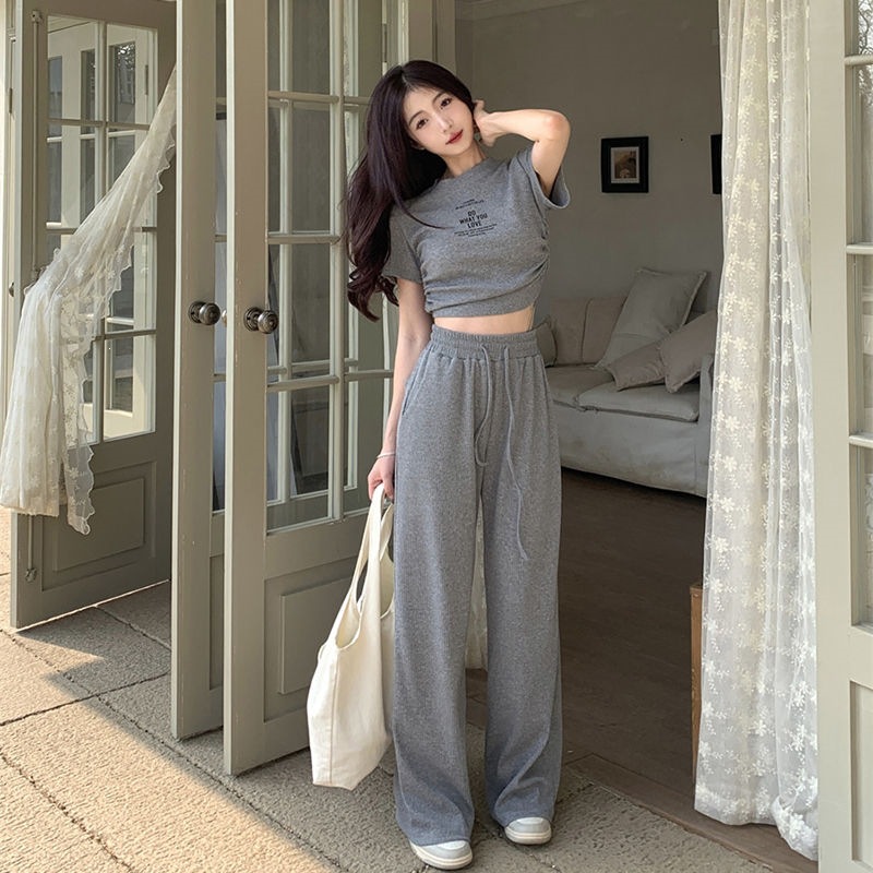 Women's Clothing Style Women's Two Piece Set Casual Gray Summer Top And Wide Leg Trousers Drawstring Tie Short Sleeved Outfit_ecoleips.com