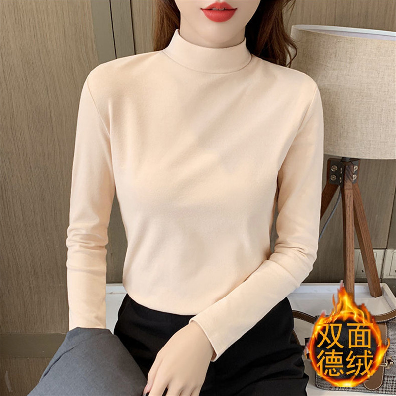 여성용 하프 터틀넥 독일 벨벳 바닥 셔츠 2025 새로운 가을 겨울 스타일 두꺼운 양면 벨벳 긴팔 티셔츠 다용도 탑