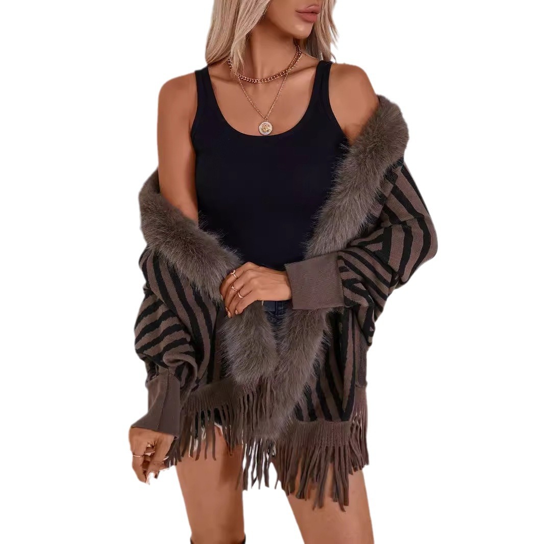 Fashion striped fringed knitted shawl cape all over the cape with a scarf sweater woman_voghion.com