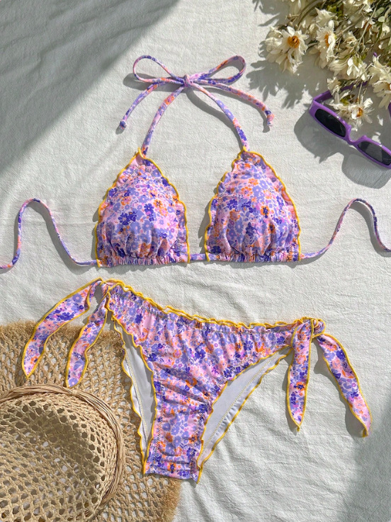 Cute Floral Print Three Piece Drawstring Bikini Sexy Two-Piece Hot Spring Swimsuit Women's Clothing_voghion.com