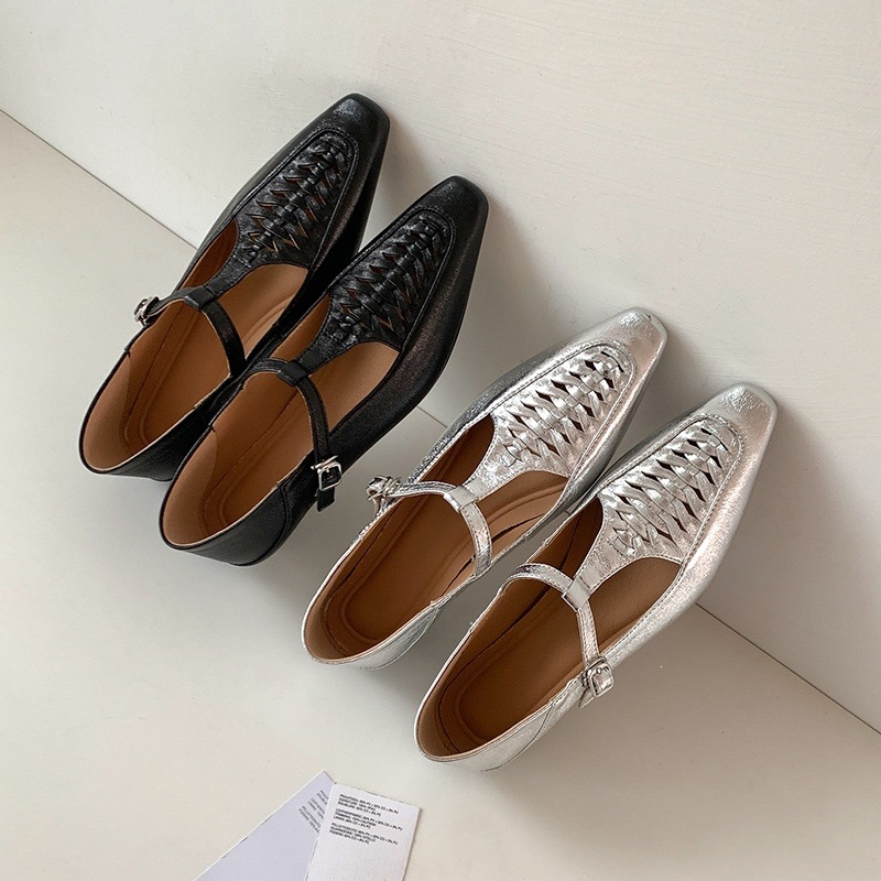 Giày Mary Jane nữ đan T-Strap da thật mũi vuông đế bệt — màu đen, bạc chi tiết 95