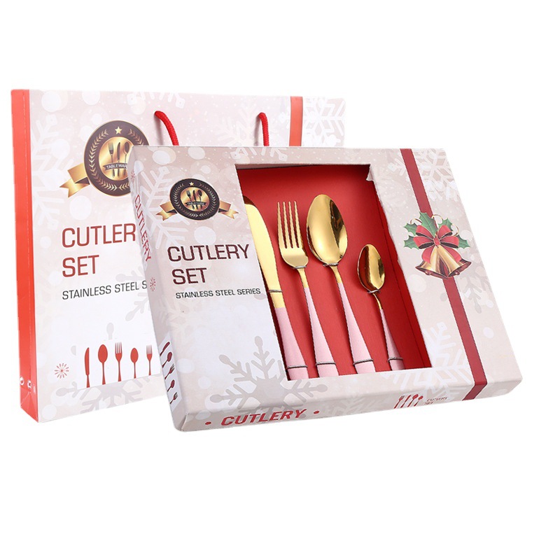 Amazon popular vajilla de acero inoxidable 24 piezas traje 1012 cuatro piezas principales cuchillo de comida occidental, tenedor y cuchara traje de caja de regalo de Navidad