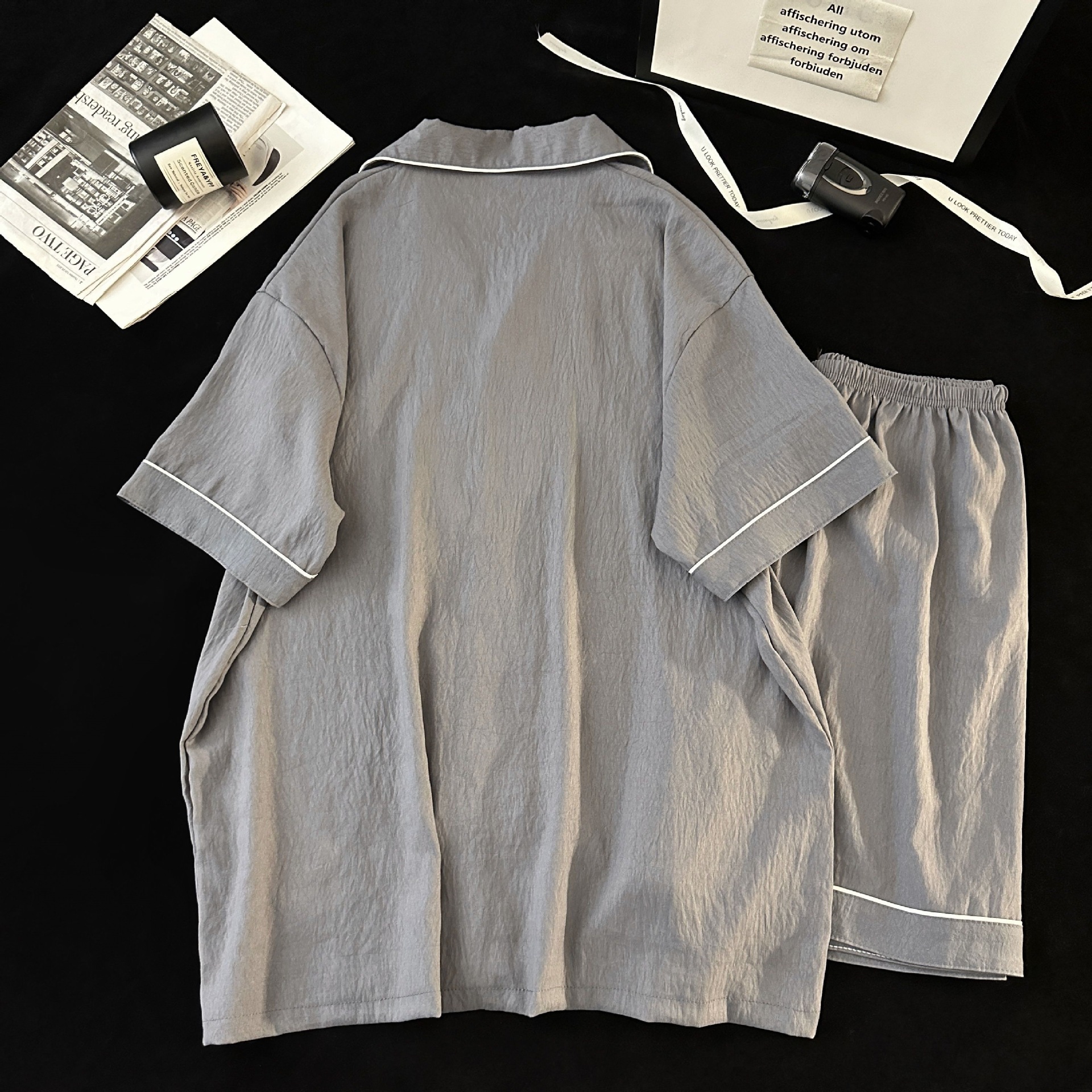 Red de celebridades Panda Yunduo pijamas de hilo de algodón puro verano para hombres pantalones cortos de manga corta traje cardigan ropa de hogar para hombres de gran tamaño