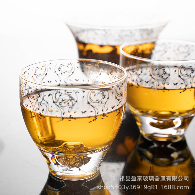 Juego de té de hoja de oro de vidrio retro chino, taza de té de kung fu de alto valor, taza maestra, tapa, tazón, caja de regalo de alta gama al por mayor